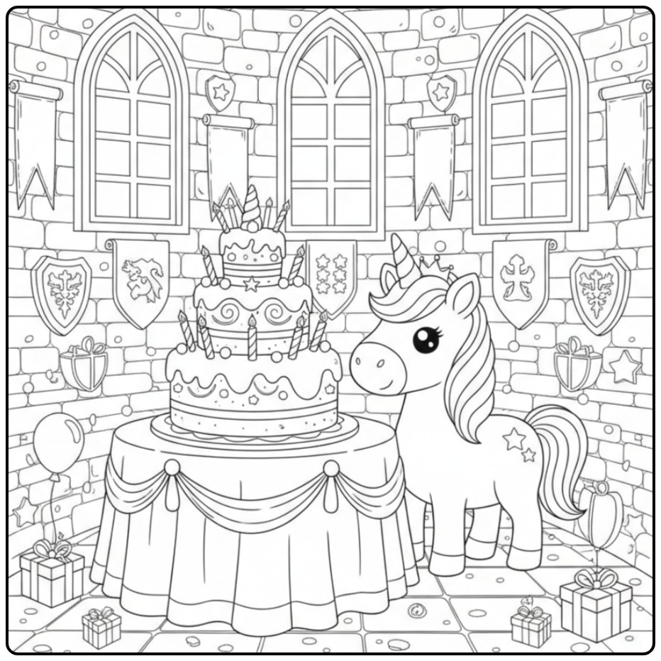 Princess Unicorn with Birthday Cake and Gifts coloring page