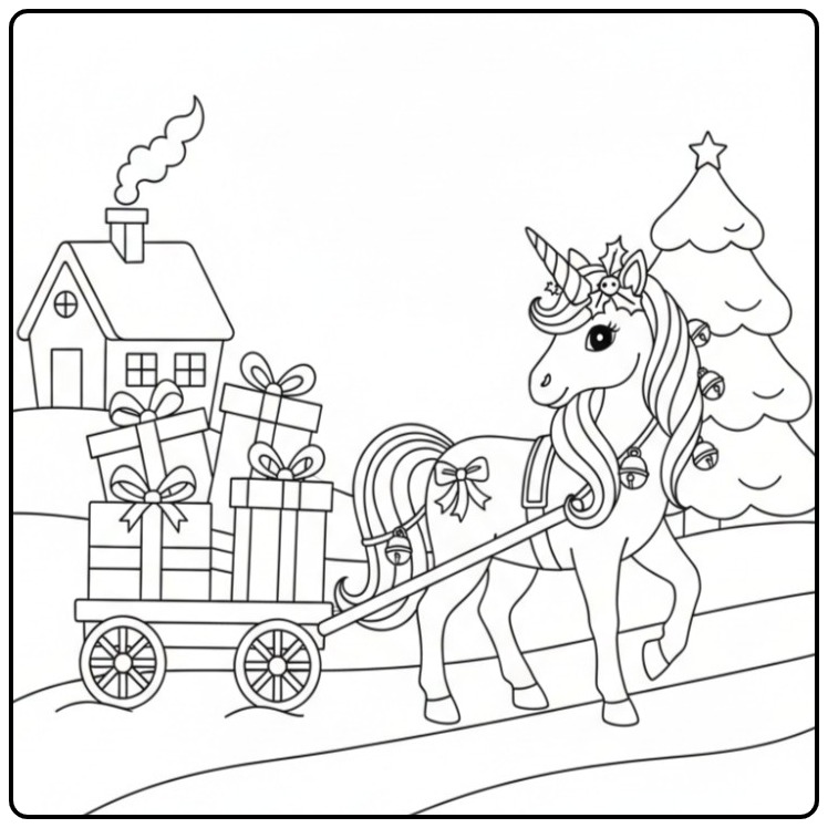 Print the Christmas Unicorn Gifts Delivering Now coloring page