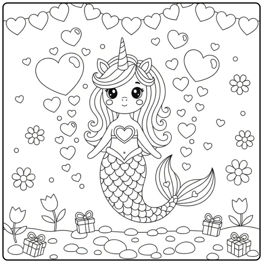 Print the Unicorn Mermaid with Hearts Valentine coloring page