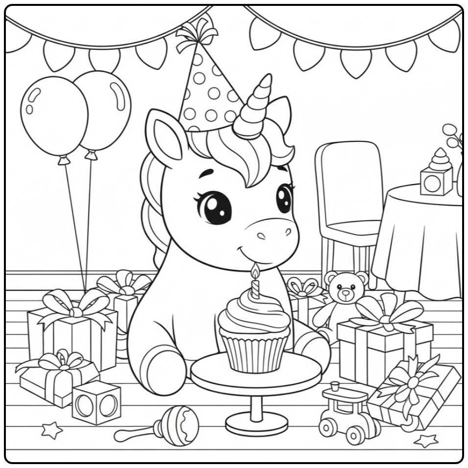 Print This Baby Unicorn on Birthday Party coloring page