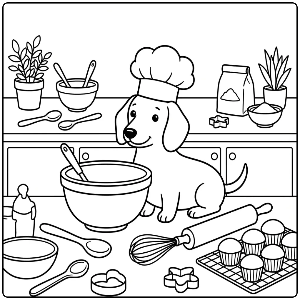 Dachshund Chef Baking Cupcakes coloring page