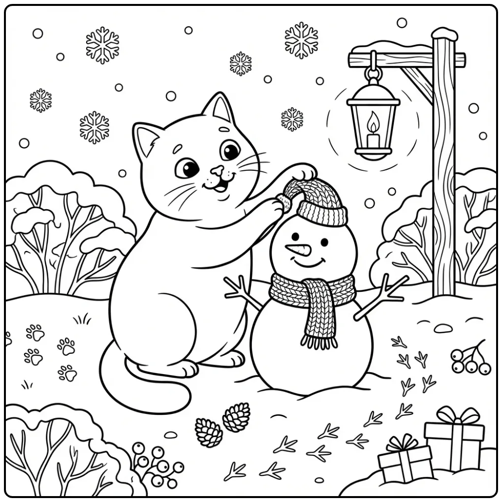 Christmas Cat coloring page dressing a snowman