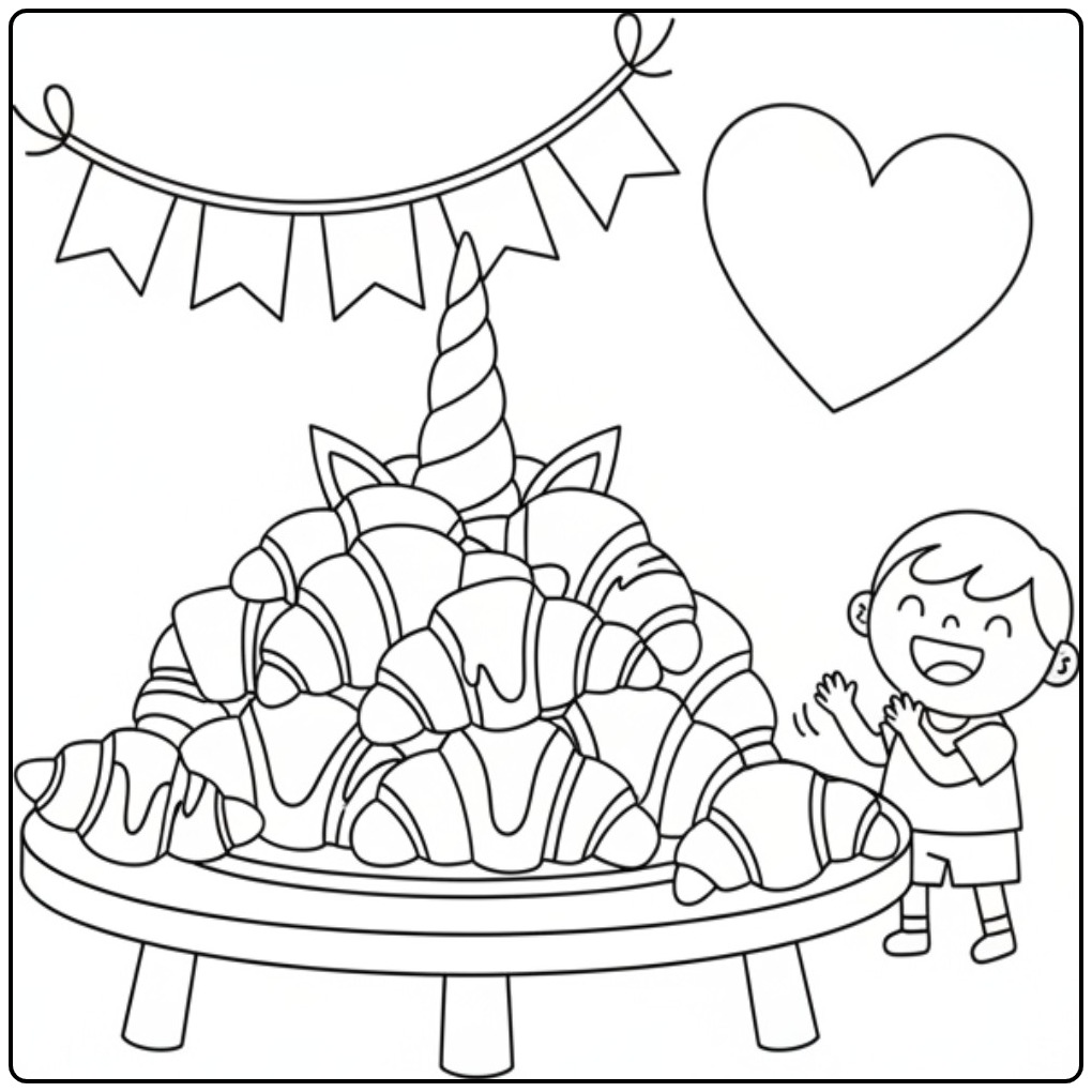Print This Unicorn Croissant Cake with a Boy coloring page