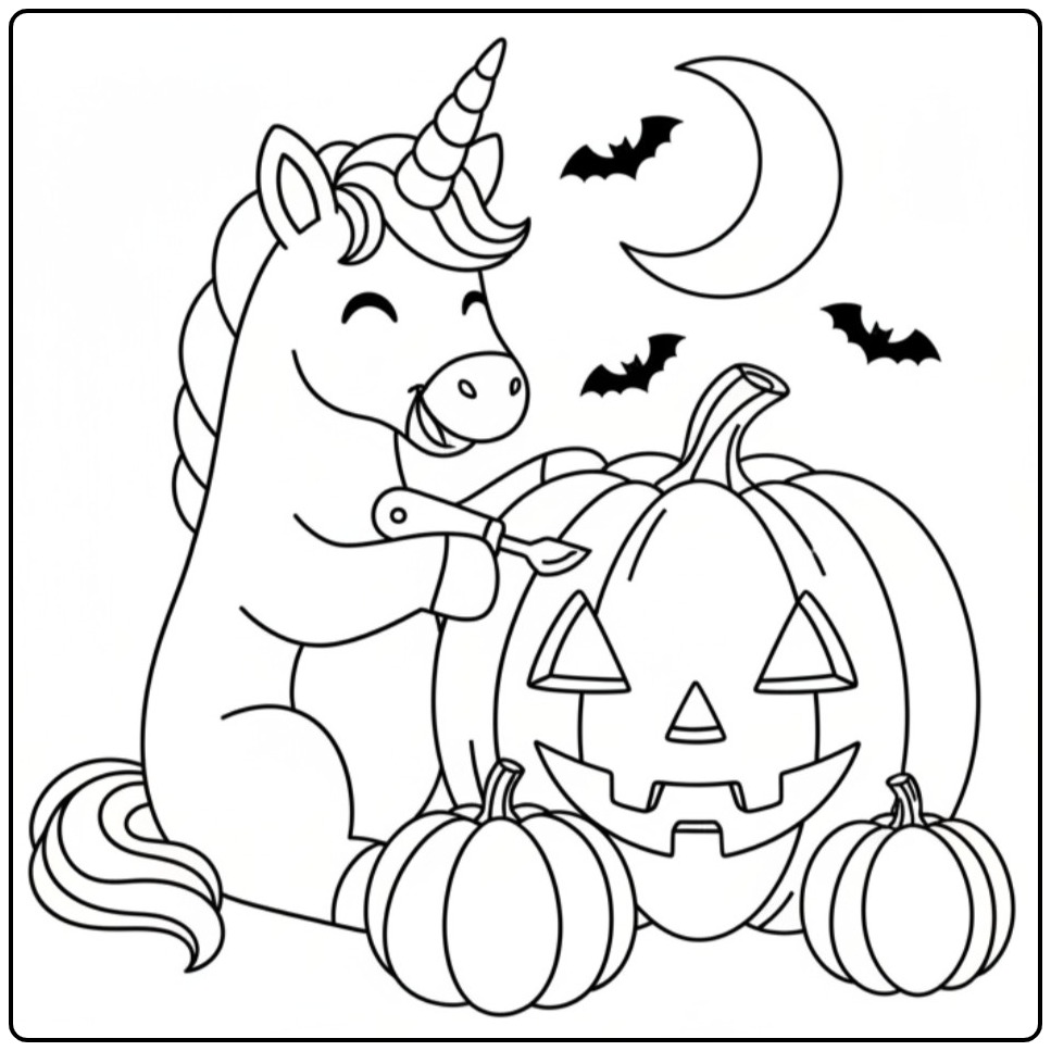 Print This Unicorn with Pumpkin for Halloween 1 coloring page