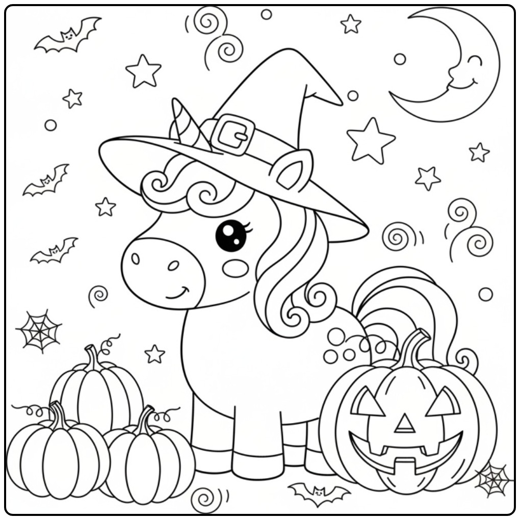 Print This Easy Halloween Unicorn a Witch Hat coloring page
