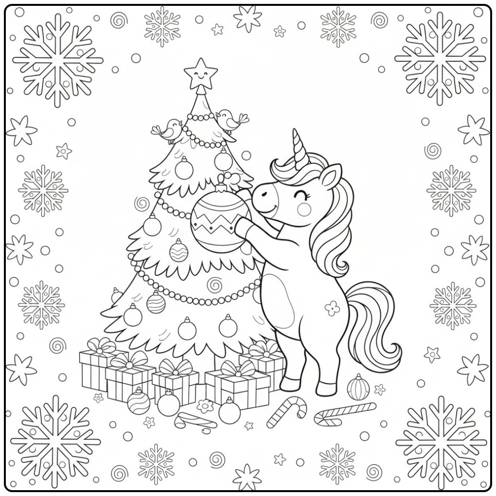 Print This Easy Christmas Unicorn and Decorate Along coloring page