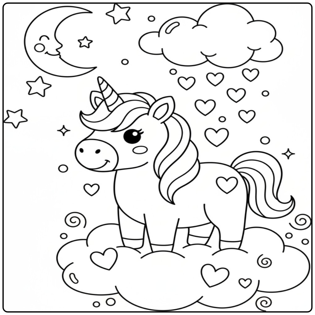 Print This Easy Unicorn and Hearts for Kids coloring page