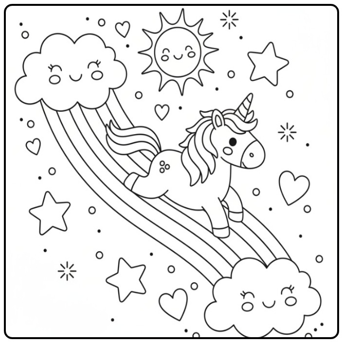 Print This Easy Unicorn and Rainbow coloring page