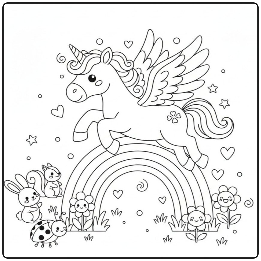 Print a Unicorn with Wings and Rainbow coloring page
