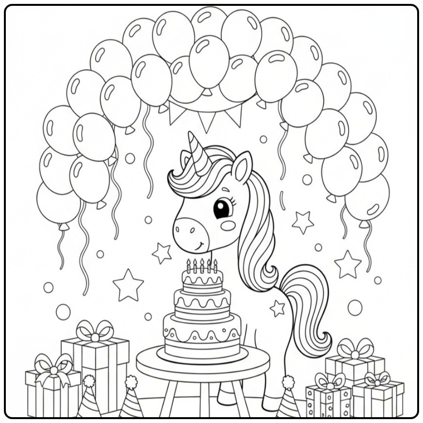 Print Unicorn on a Rainbow Birthday Party coloring page