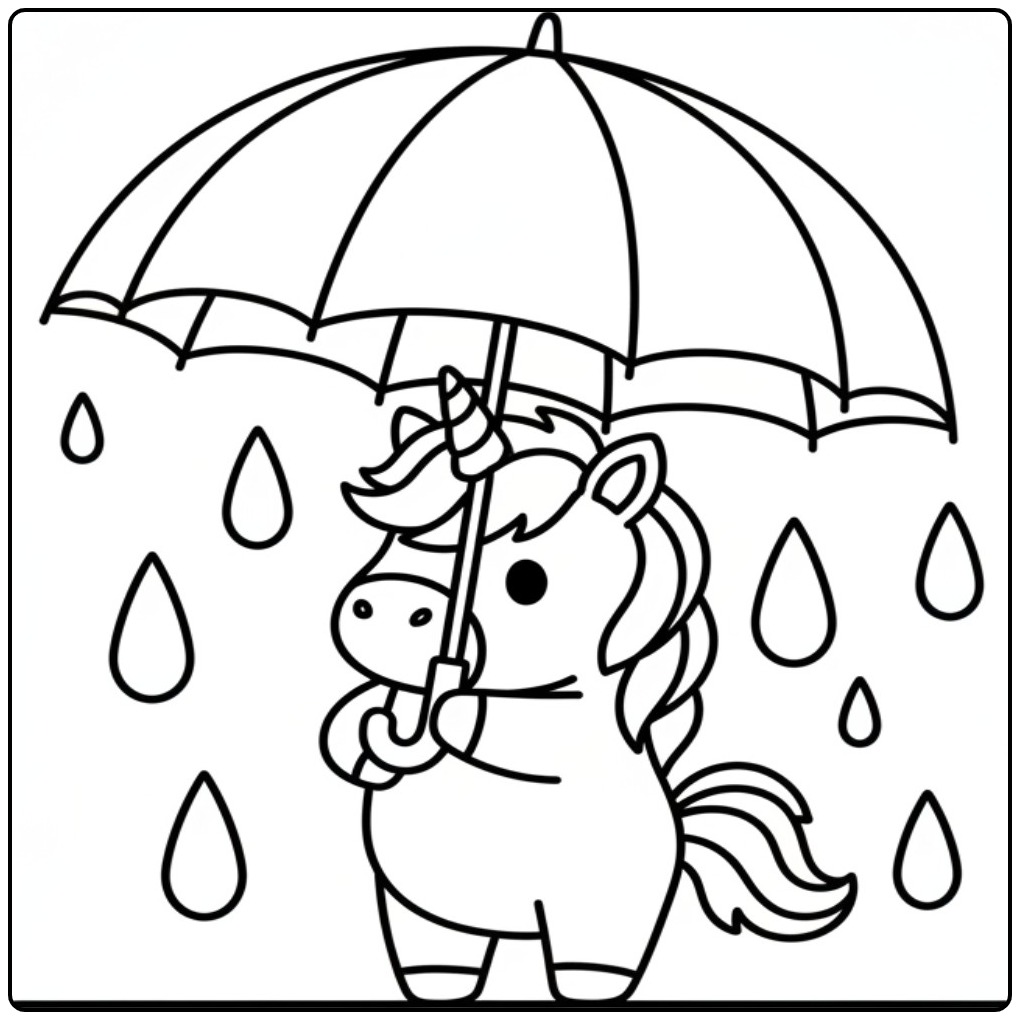 Print a Unicorn Cute in the Sweet Rain coloring page