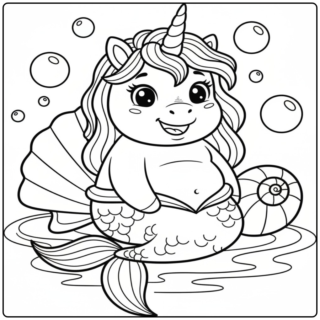 Print a Unicorn Mermaid in the Water Sitting coloring page