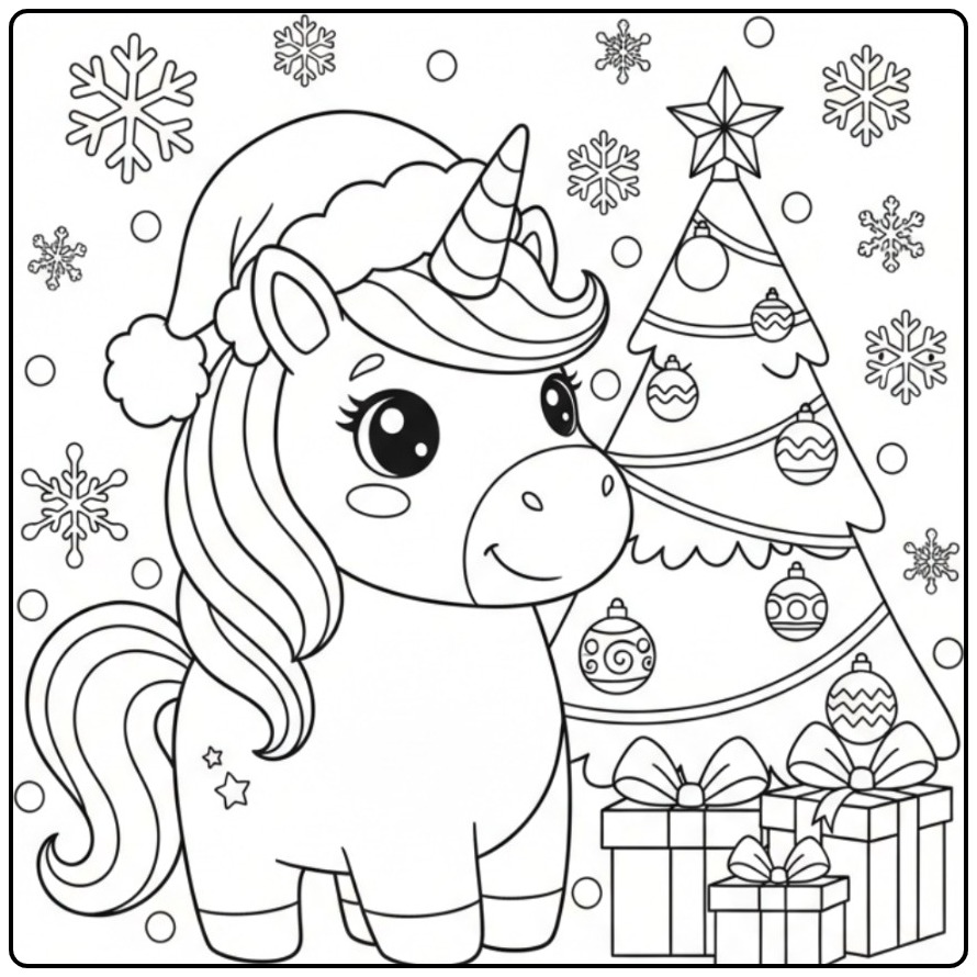 Print a Easy Christmas Unicorn Gifts coloring page