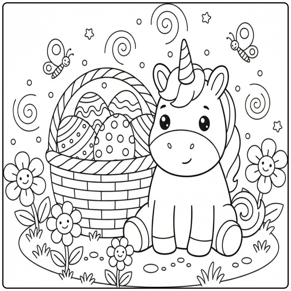 Print a Easy Easter Unicorn Flowers coloring page