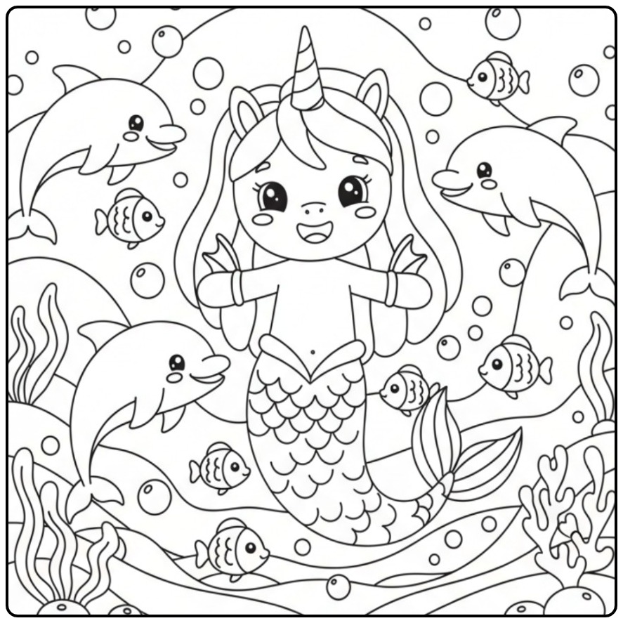 Print a Easy Unicorn Mermaid Underwater coloring page