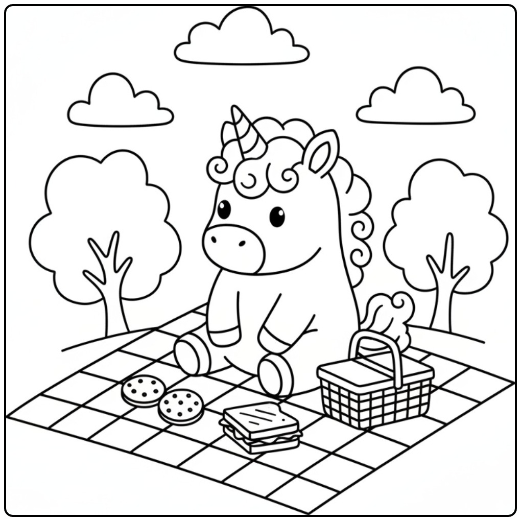 Printable Baby Unicorn a Picnic Basket coloring page