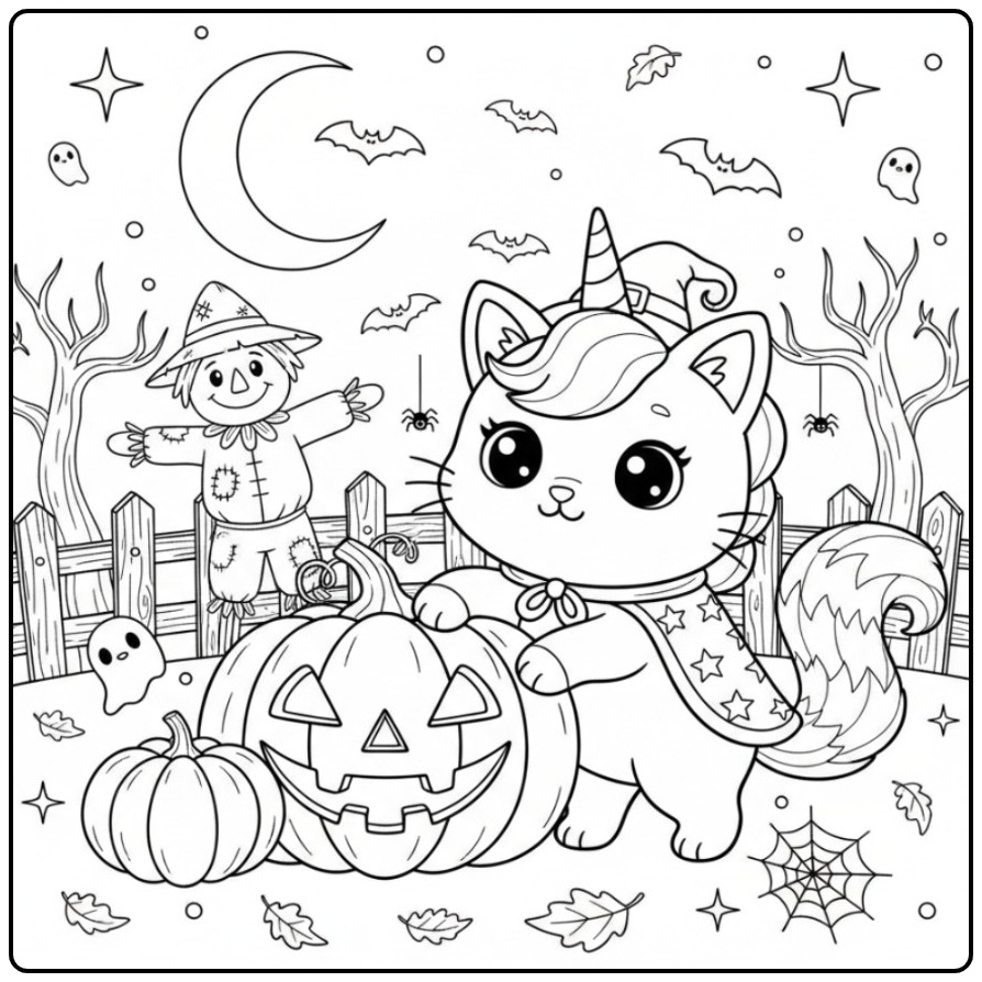 Printable Unicorn Cat Halloween for Children coloring page