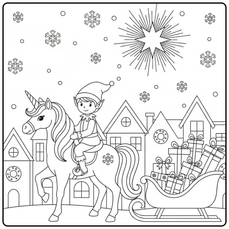 Printable Christmas Fairy and Unicorn in the Snow coloring page