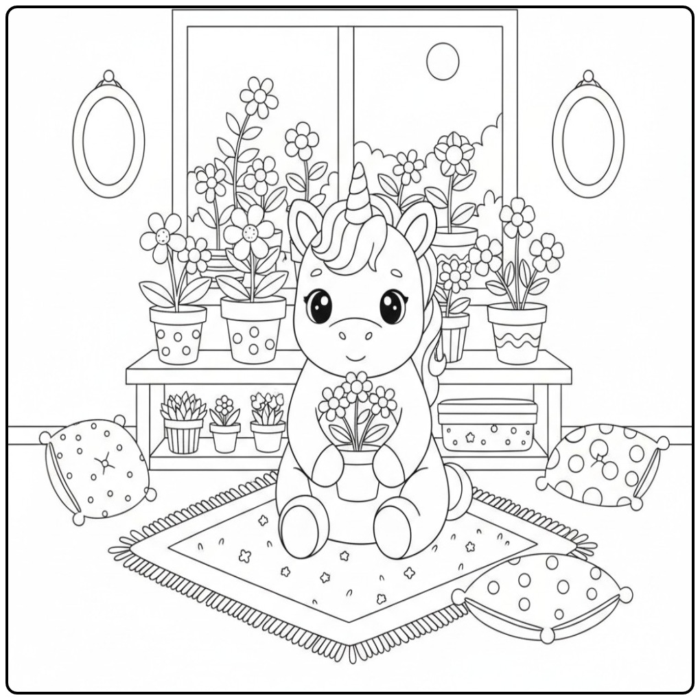 Printable Baby Unicorn with Flowers and Cushions coloring page