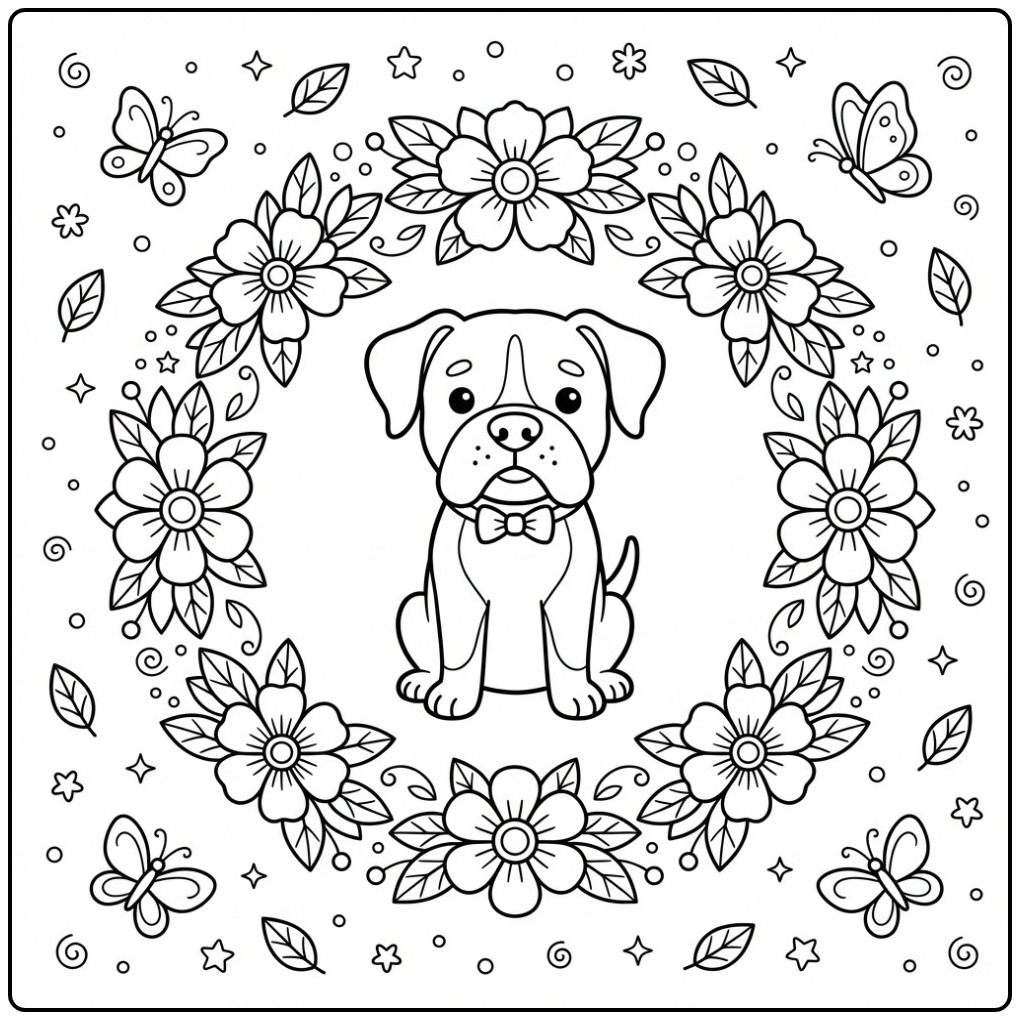 Printable Boxer Dog for Children with Flowers coloring page
