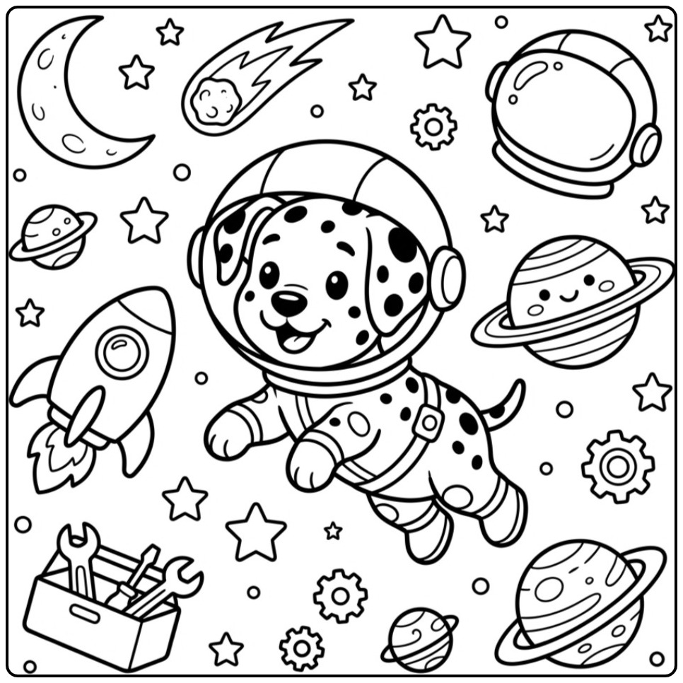 Printable Dalmatian Puppy on Space Adventure coloring page