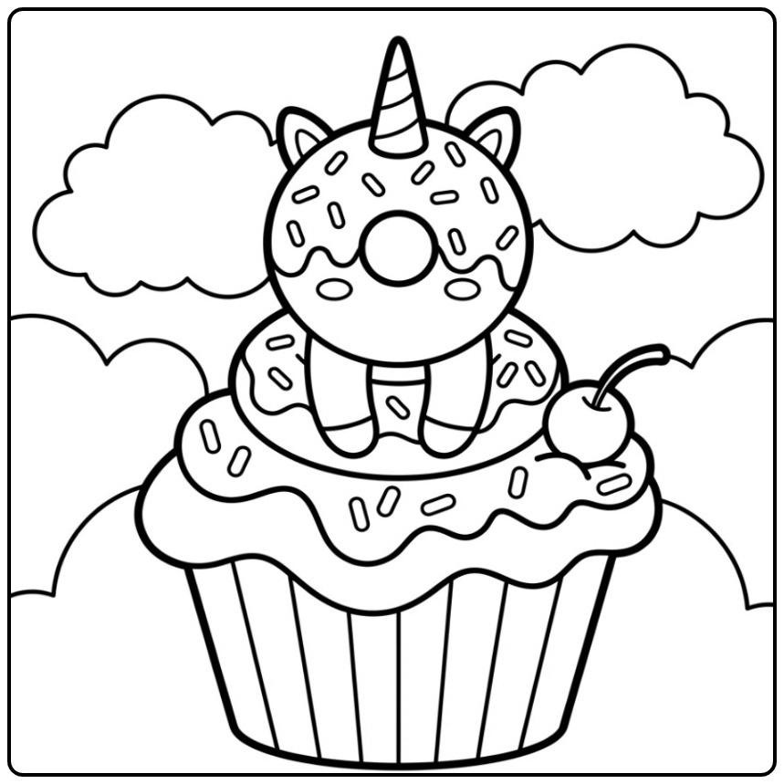 Printable Donut Unicorn with Sprinkles and a Cherry coloring page