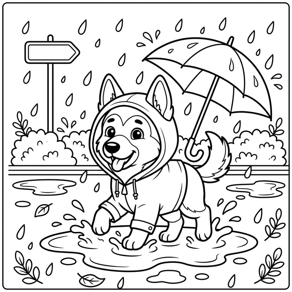 Printable German Shepherd in the Rain Playing coloring page