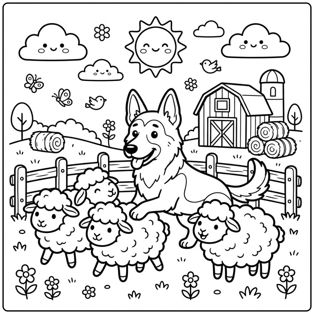 Printable German Shepherd with Cute Schaapjes coloring page