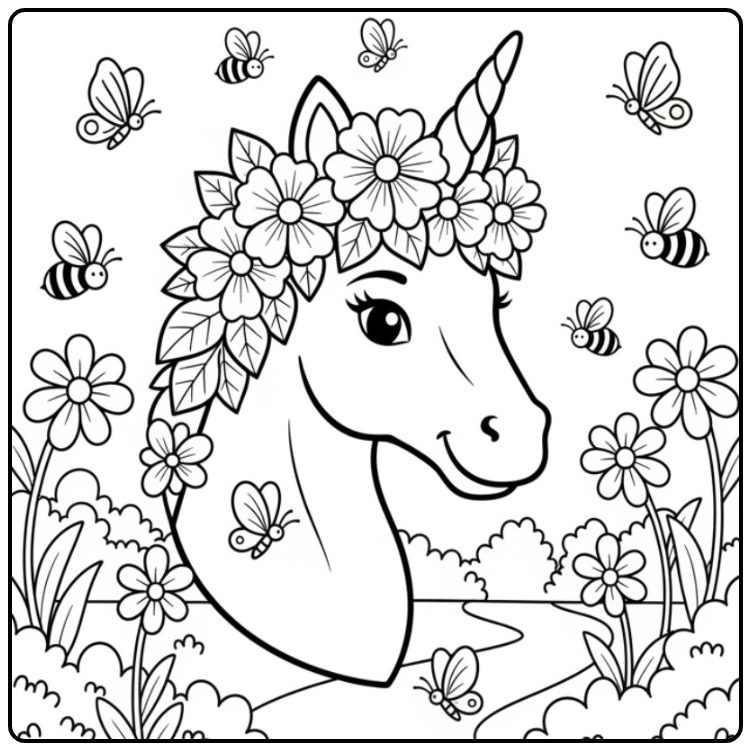 Printable Unicorn Head with Bees and Butterflies coloring page