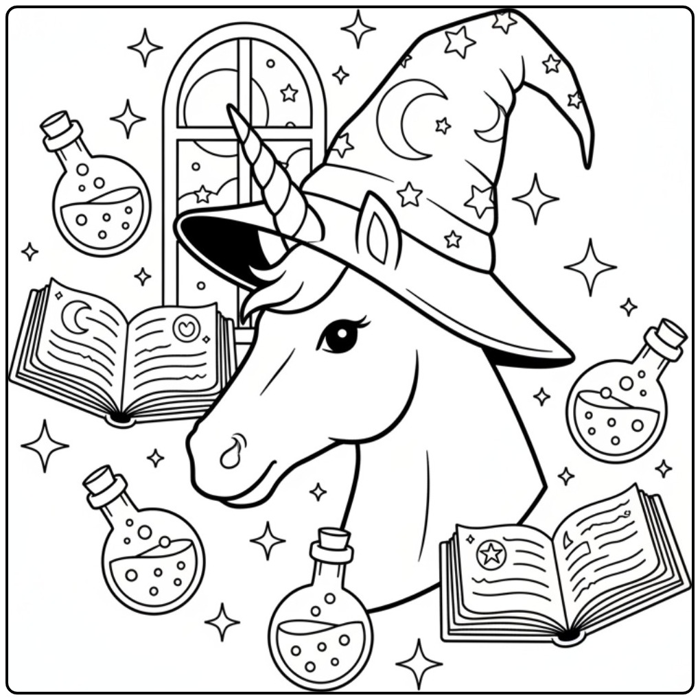Printable Unicorn Head Surrounded by Magic Potions coloring page