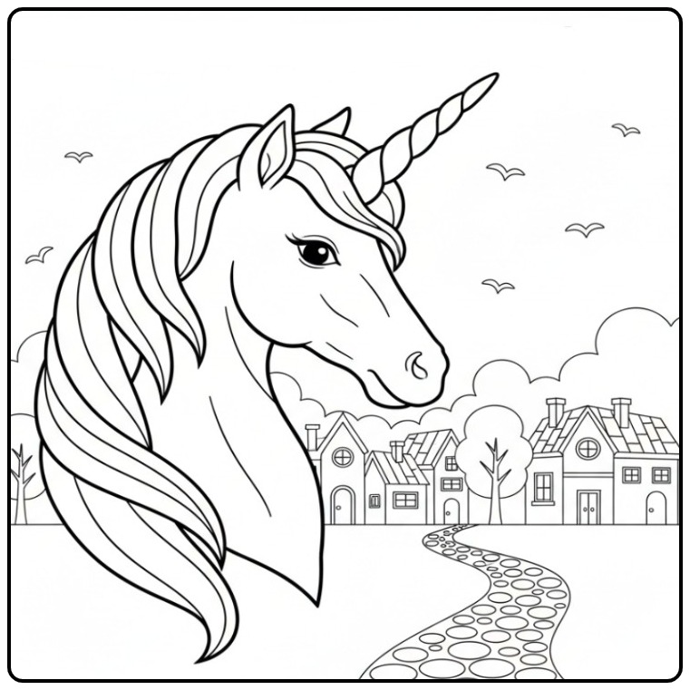 Printable Unicorn Head for a Magical Village coloring page