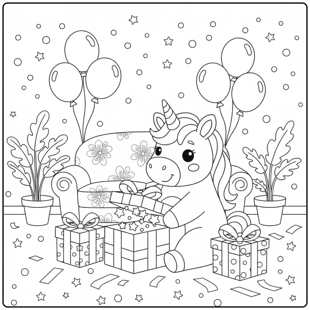 Printable Unicorn with Birthday Gifts to Opening coloring page