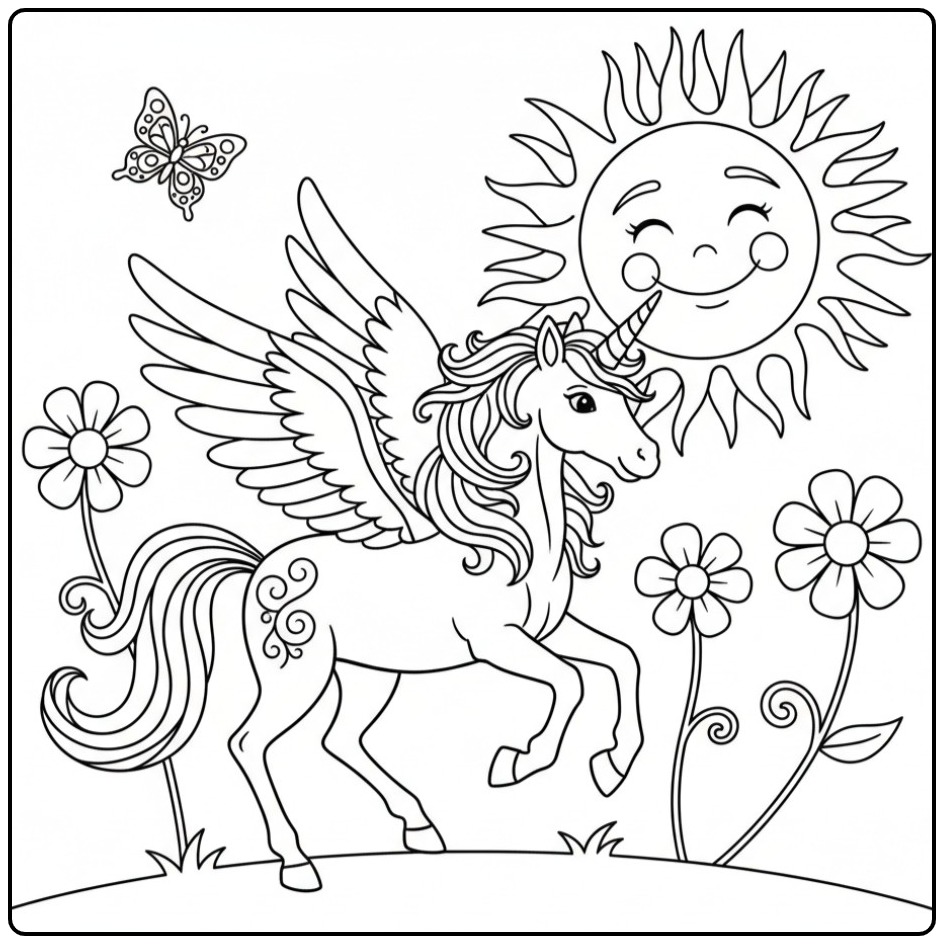 Printable Unicorn with Wings and a Butterfly coloring page