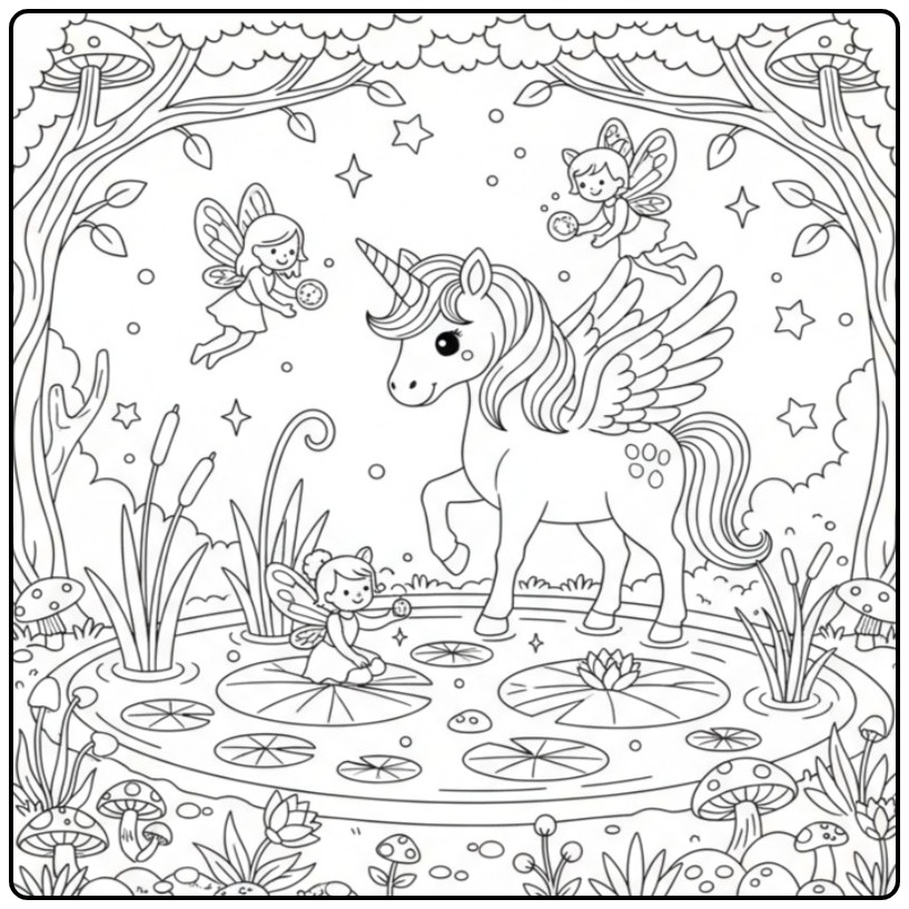 Printable Unicorn with Wings and Feenvriendjes 1 coloring page
