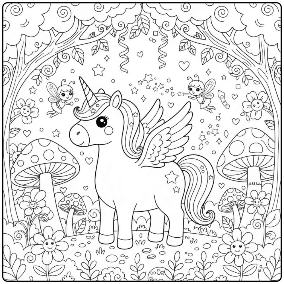 Printable Unicorn with Wings and Feenvriendjes coloring page