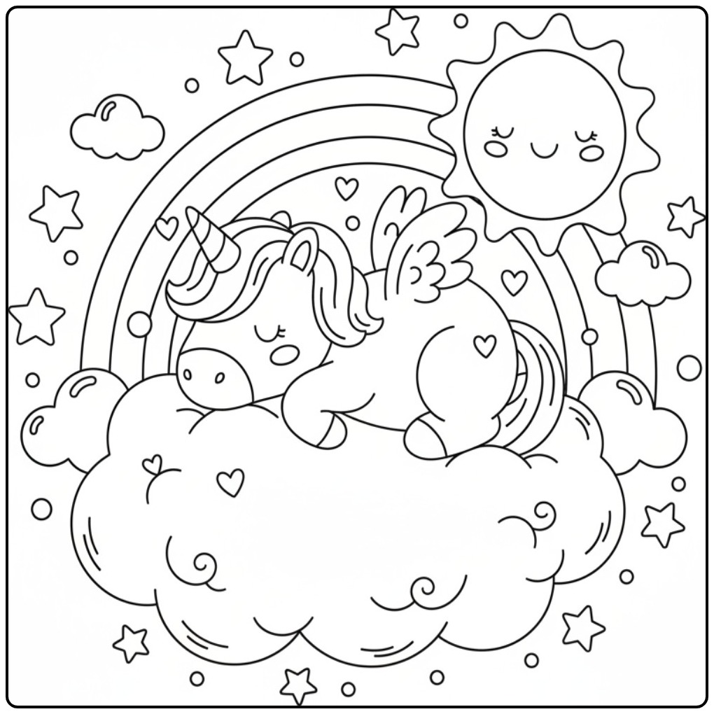 Printable Unicorn with Wings and Rainbow coloring page