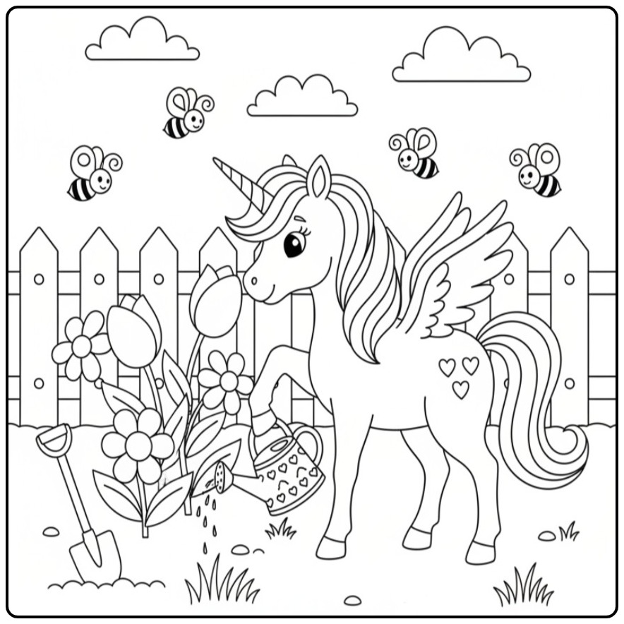 Printable Unicorn with Wings in a Flower Garden coloring page