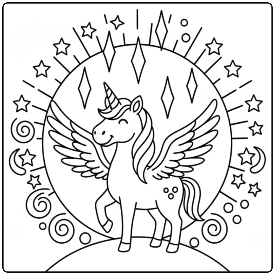 Printable Unicorn with Wings in a Sterrennacht coloring page