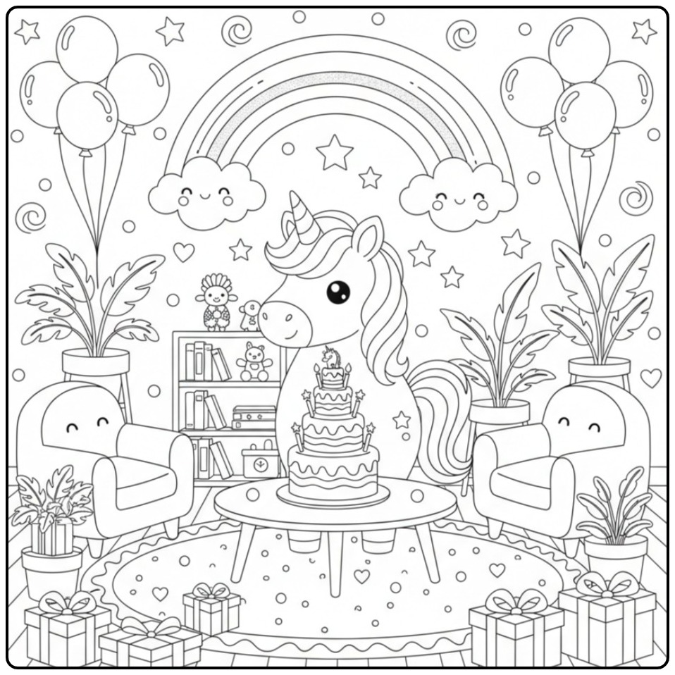Printable Unicorn on a Rainbow Birthday Party coloring page