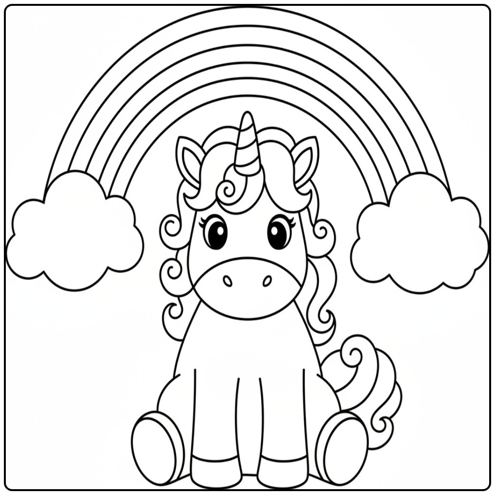 Printable Unicorn Cute with a Beautiful Rainbow coloring page