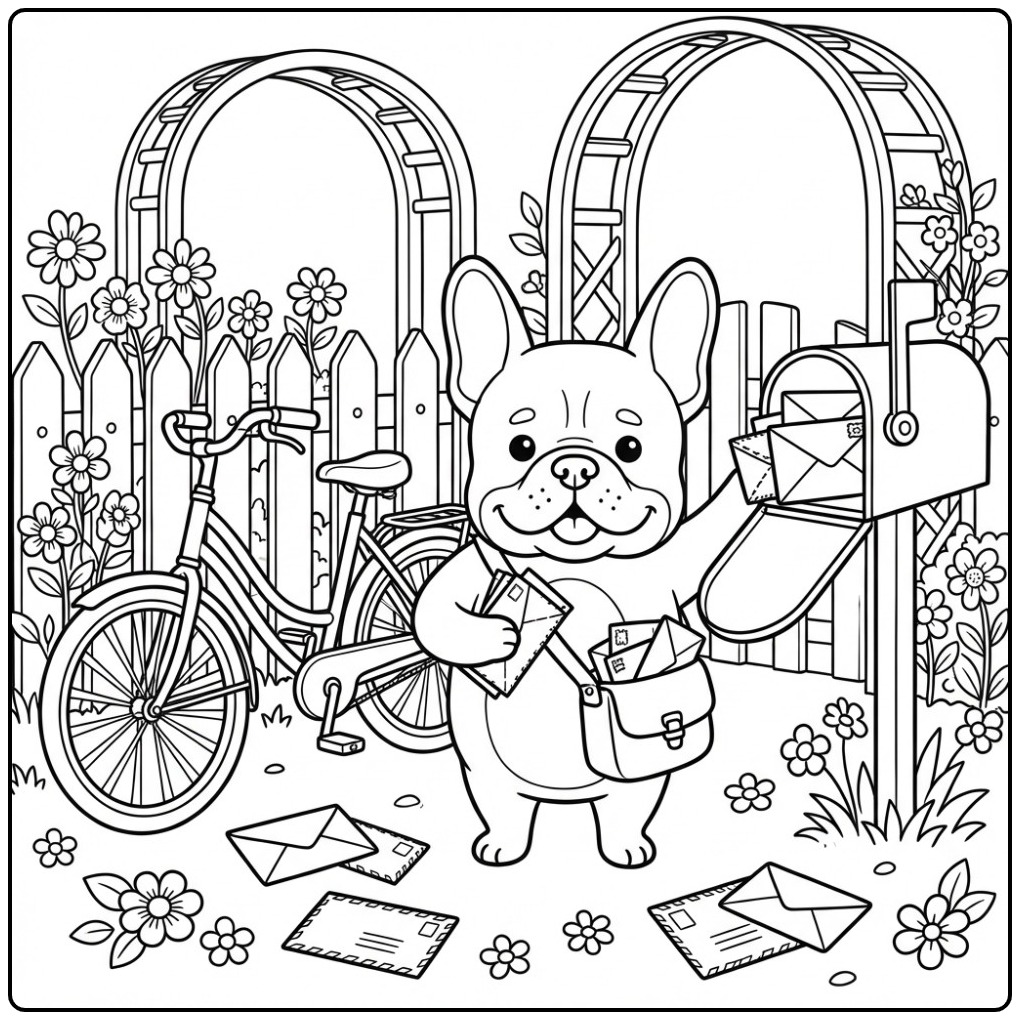 Printable French Bulldog as Postbode in Garden coloring page
