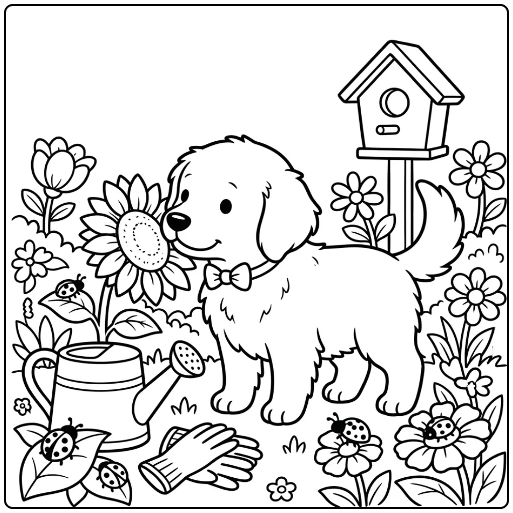 Printable Golden Retriever Puppy with Sunflower coloring page
