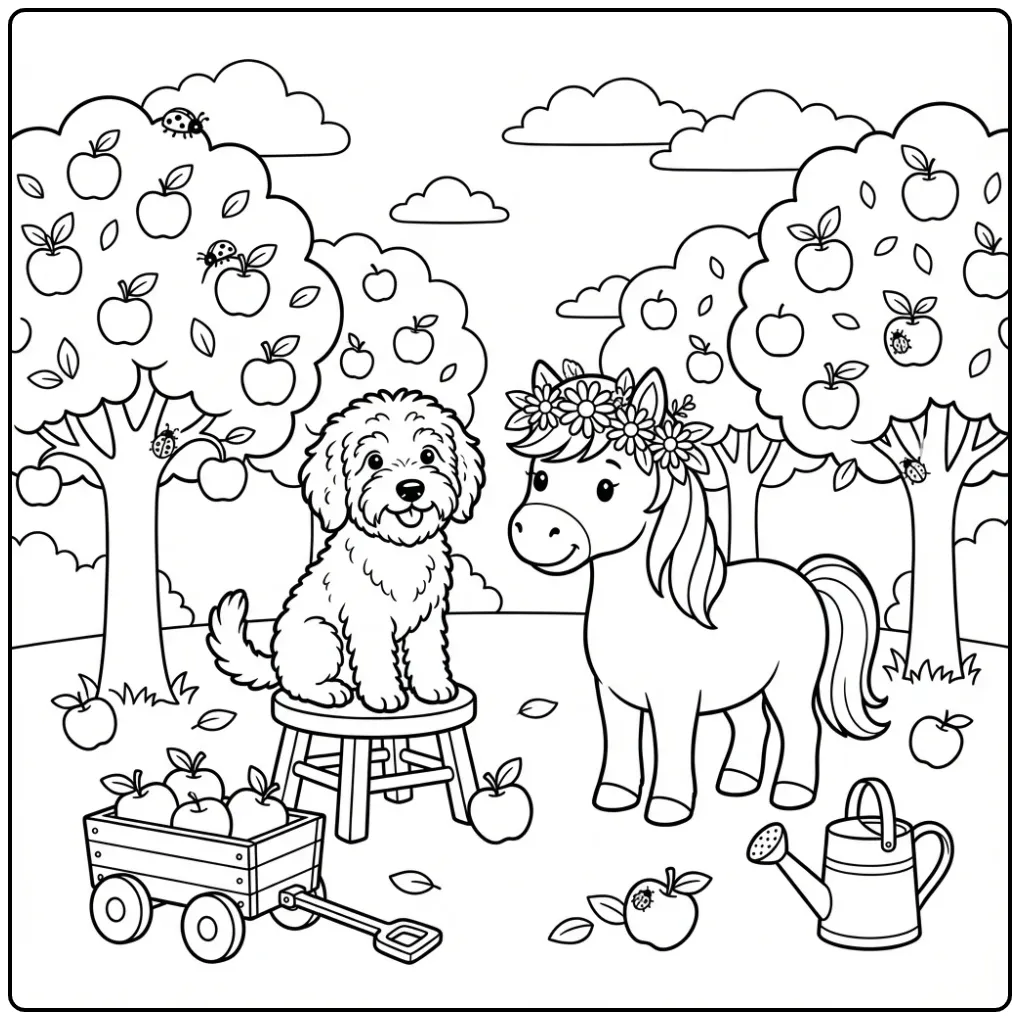 Schapendoes and Pony in an Orchard coloring page