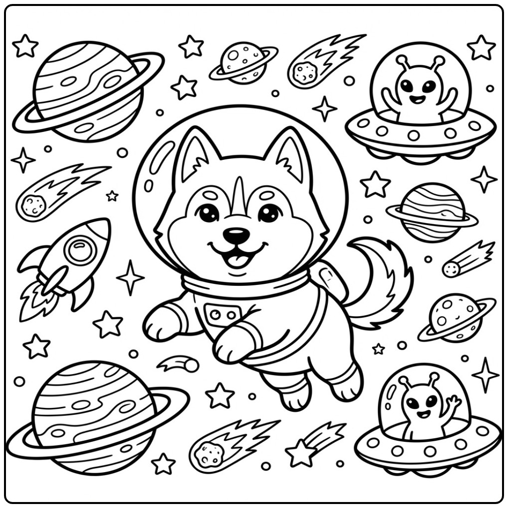 Husky Astronaut in Space coloring page