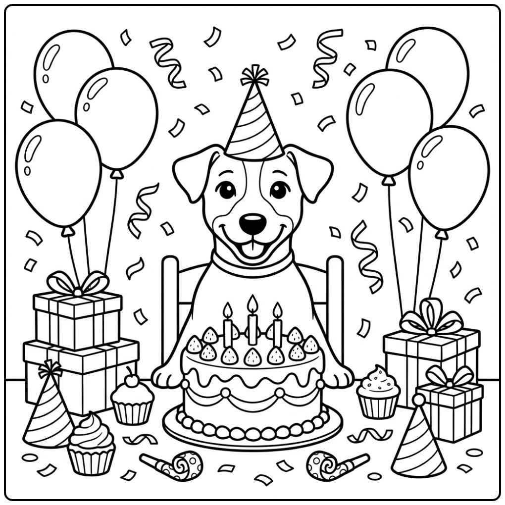 Birthday Jack Russell with Cake and Balloons coloring page