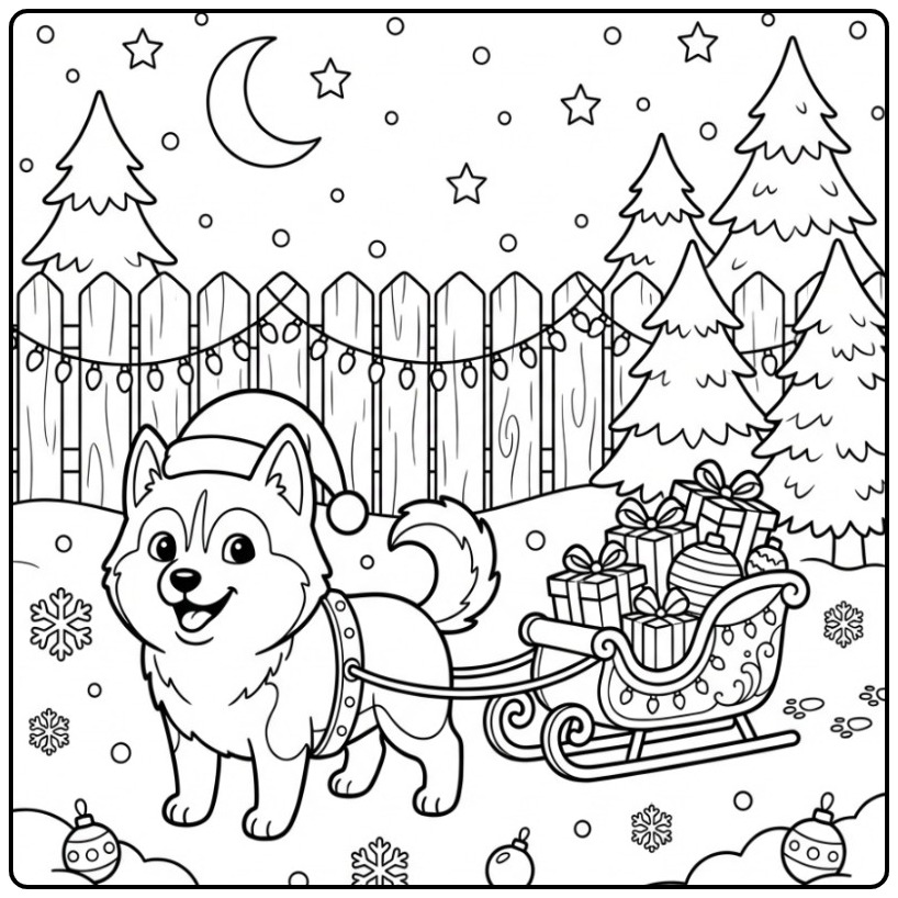 Husky Christmas Dog Pulling a Gift Sled coloring page