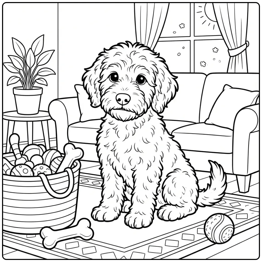Labradoodle Puppy with a Toy Basket coloring page