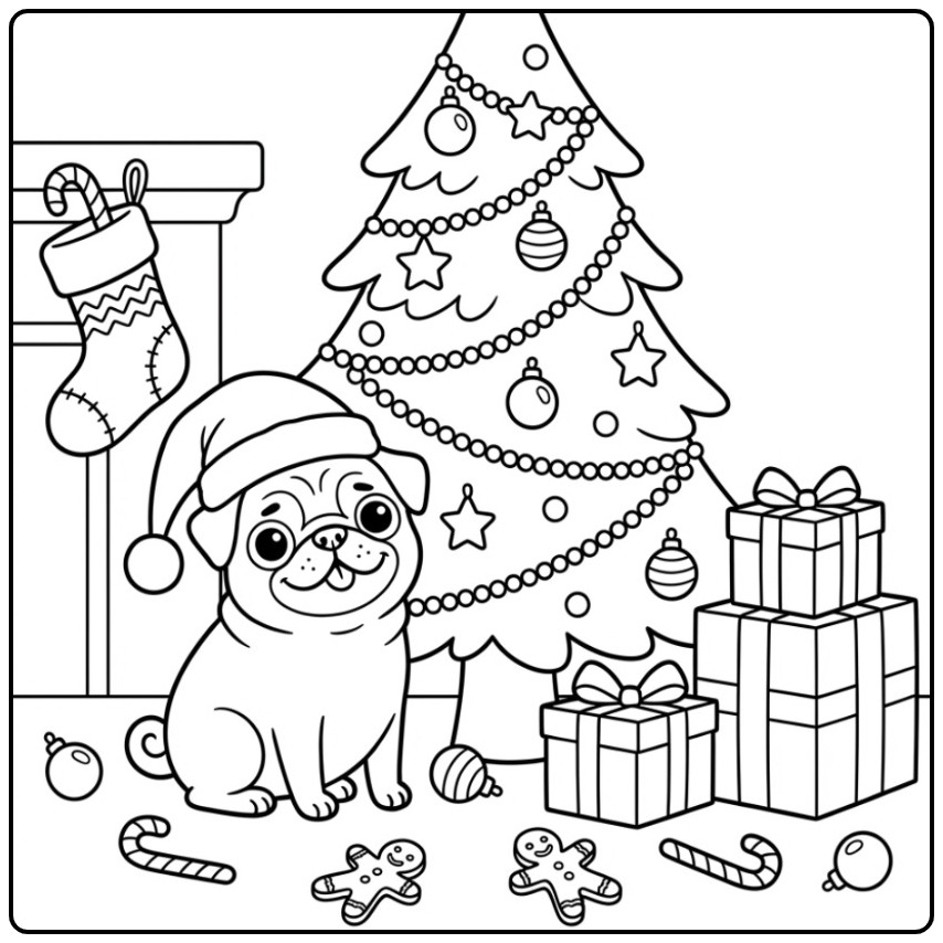 Printable Pug Christmas Celebrating with Gifts coloring page