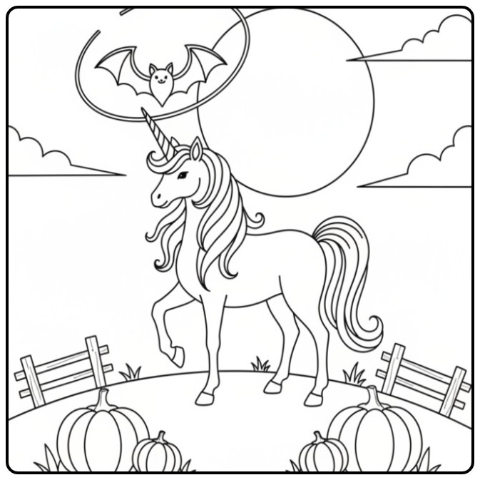 Printable Unicorn and Bat for Halloween coloring page