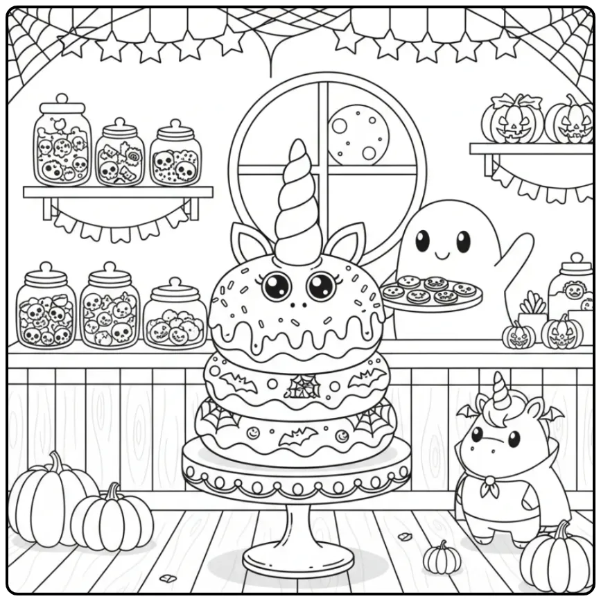 Printable Unicorn Halloween Cake in a Bakery coloring page